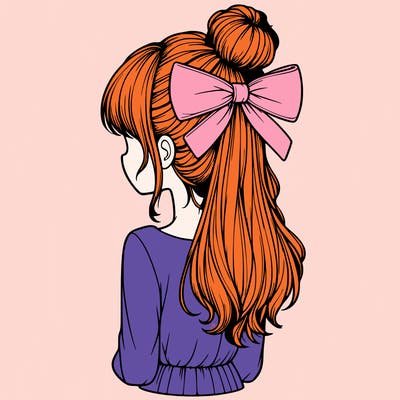realistic girl  with hip length hair a bun and a big bow on the back of head