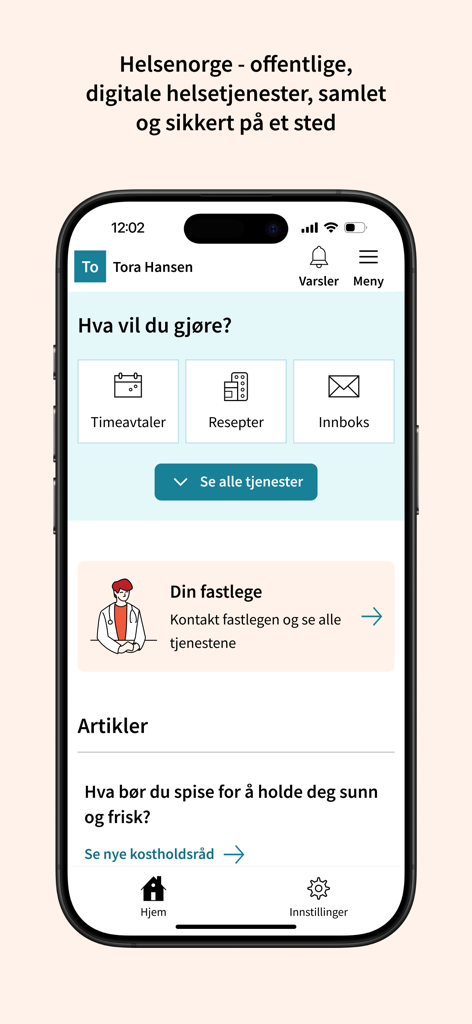 Helsenorge - Helsenorge mobile app dashboard displaying health management services including appointments, prescriptions, and primary doctor contact info.