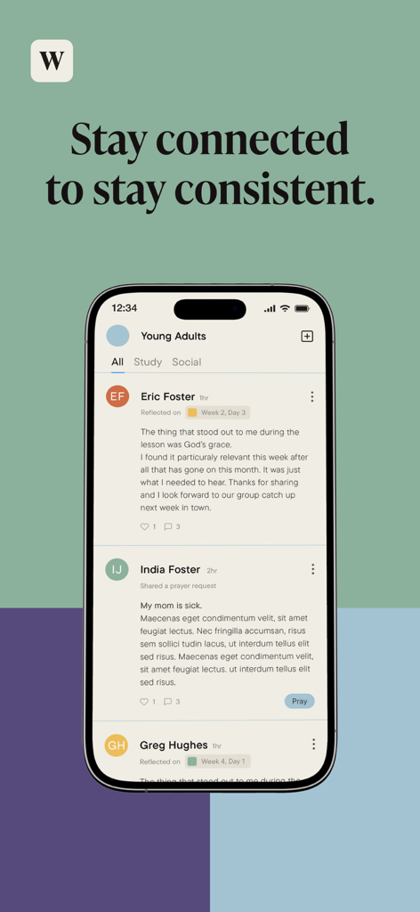 WordGo: The Bible Study App - A smartphone displaying the WordGo app community feed where group members share Bible study reflections and prayer requests.