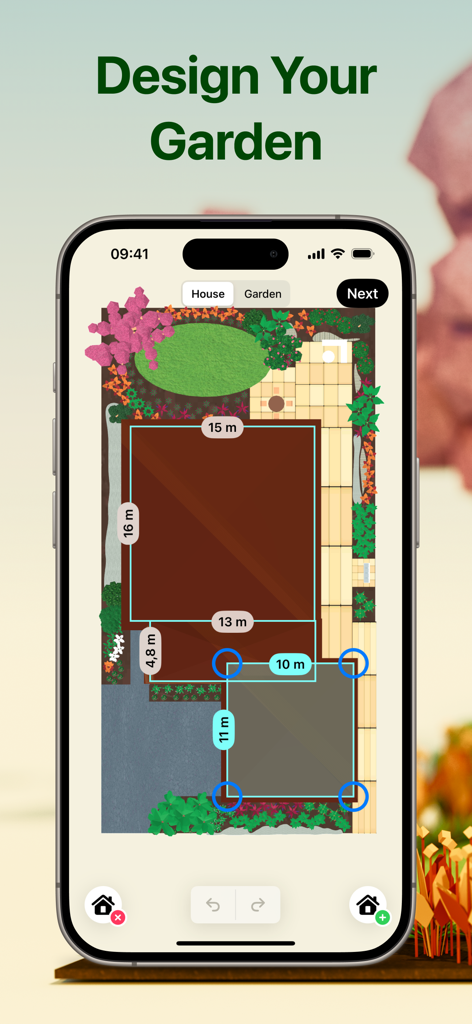 Flourish Garden - Garden design interface showing a top down landscape layout with measurements