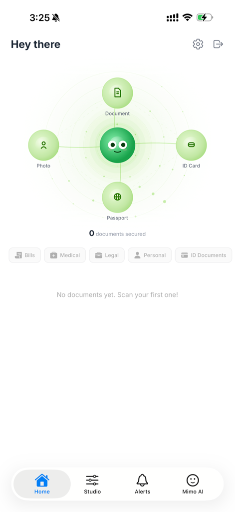 The home screen of the MyIDs app featuring a document organization hub with categories for passports and ID cards.