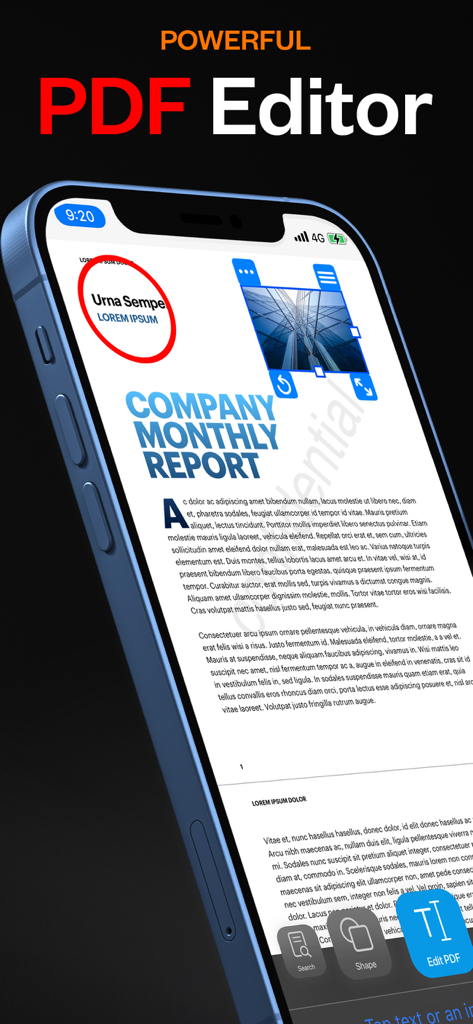 PDF Office Pro, Acrobat Expert - iPhone zeigt die Benutzeroberfläche der PDF Office Pro App, die einen monatlichen Firmenbericht mit leistungsstarken Bearbeitungswerkzeugen bearbeitet