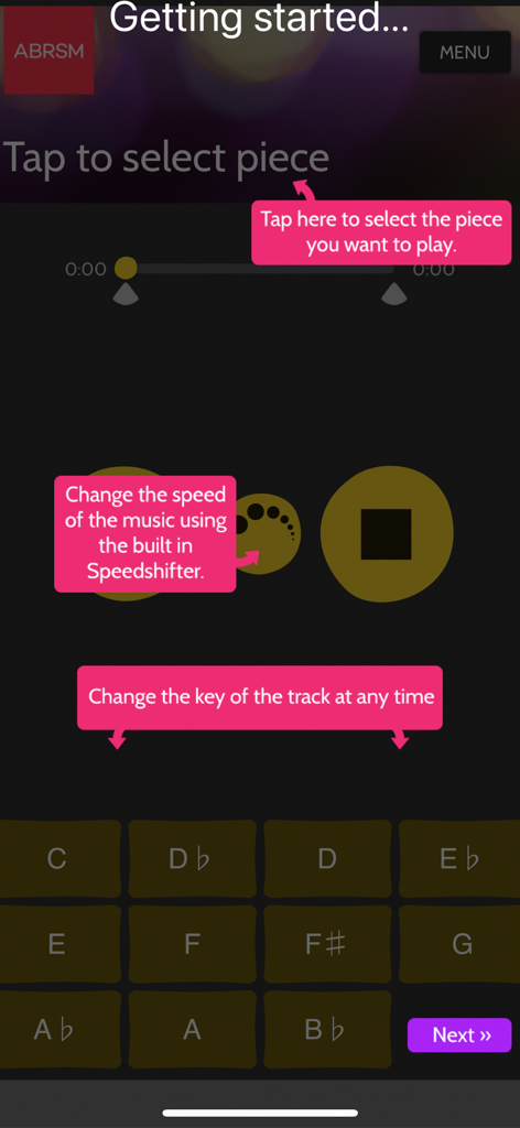 ABRSM SfMT Practice Partner - App interface tutorial showing music speed and key selection features
