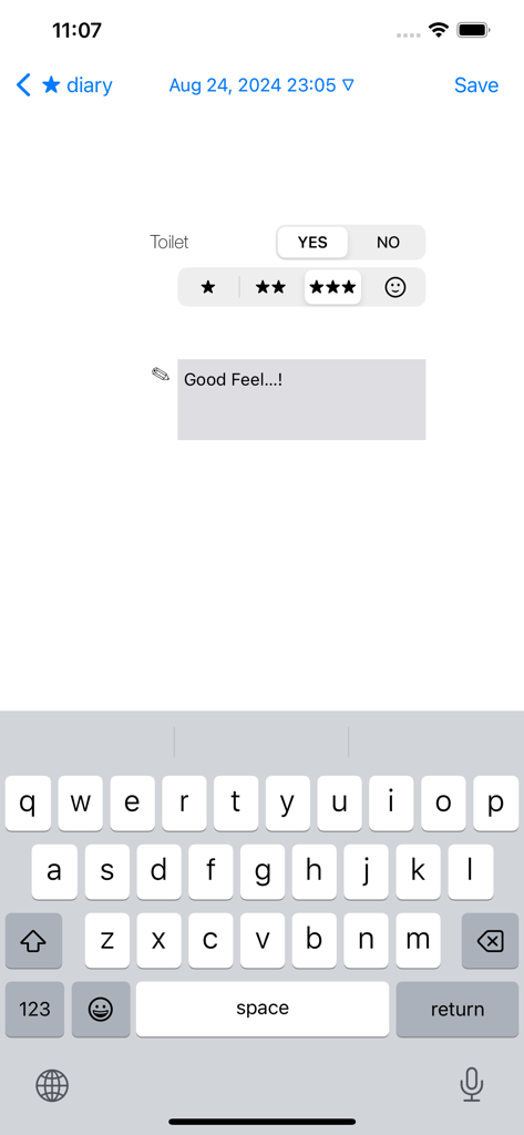 Toilet Diary (bowel) - Tela de registro de evacuação no aplicativo Diário do Vaso Sanitário com classificações por estrelas e campo de notas