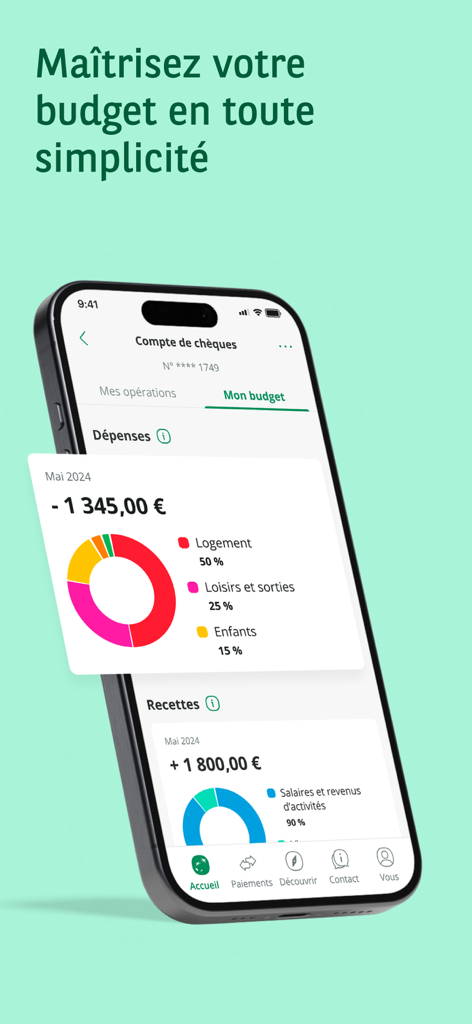 Smartphone affichant la fonction de suivi budgétaire de l'application BNP Paribas Mes Comptes avec un graphique circulaire des dépenses mensuelles.
