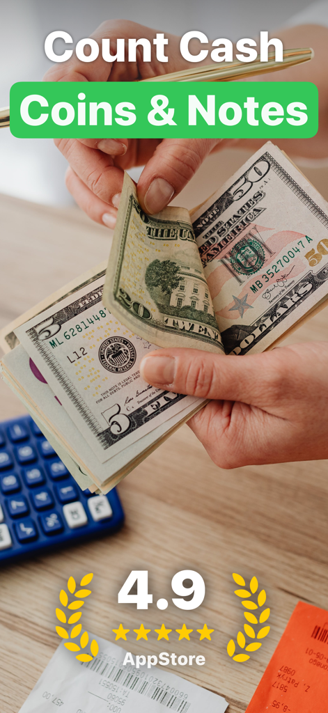 Cash Counter: Count Money - Manos contando billetes de dólar estadounidense para gestión de efectivo con una calculadora al fondo
