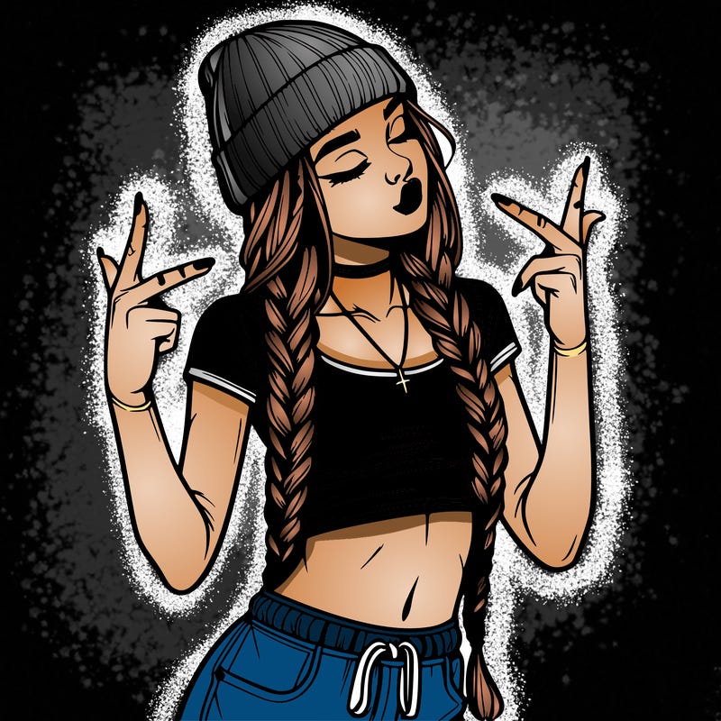 realistic teenage girl with braids and a beanie and crop top doing 🫶🏼