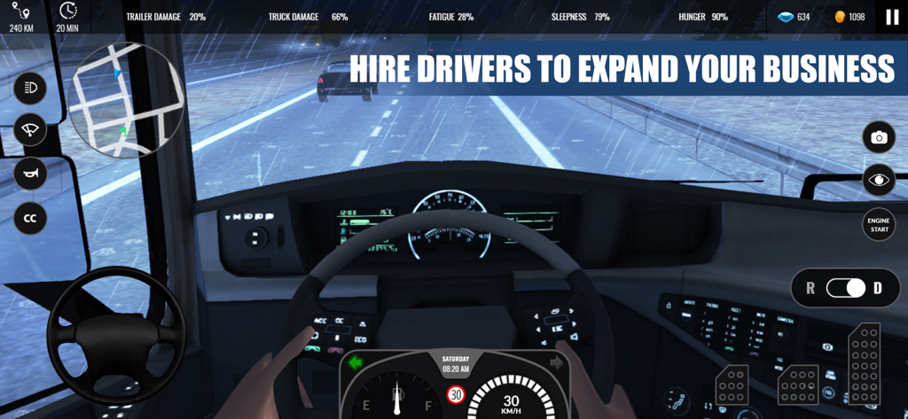 Truck Simulator PRO Europe - First person cockpit view of a truck driving on a rainy road at night with management interface elements