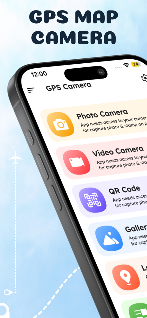 GPS Camera - GPS Video Camera - GPS Map Cameraアプリのメインメニュー。写真とビデオのジオタグ付けオプションが表示されています。