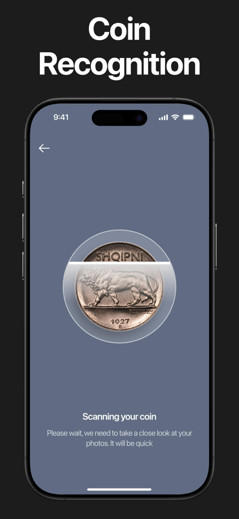Mobile app interface displaying the coin recognition feature during a scan