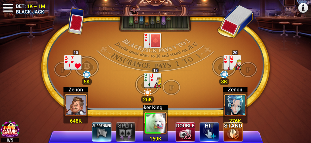 Poker & Slots - Poker Offline - Blackjack gameplay interface on a virtual casino table with action buttons