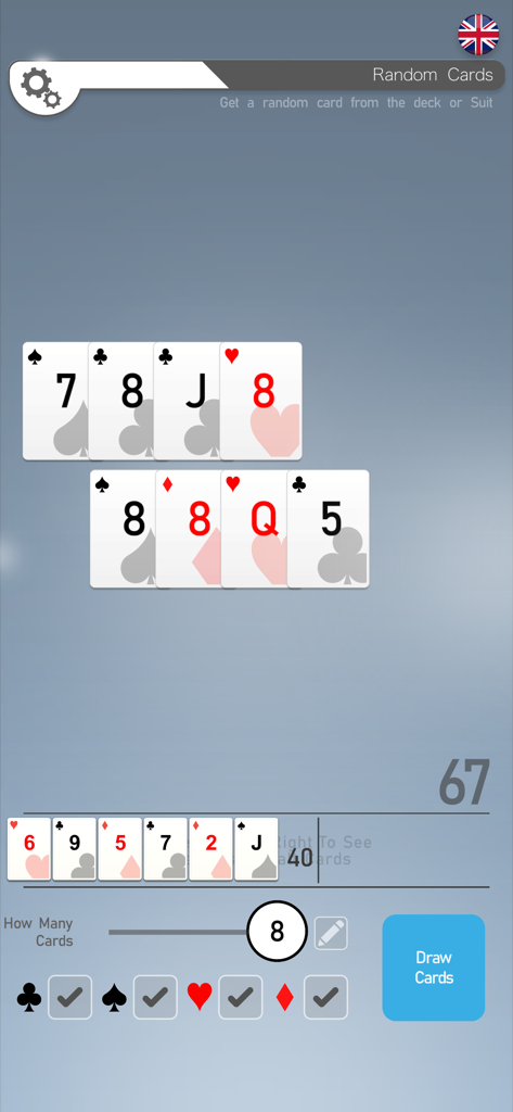 Random Number App - Interface do usuário do recurso de seleção de cartas aleatórias mostrando oito cartas de baralho compradas e controles de seleção de naipe