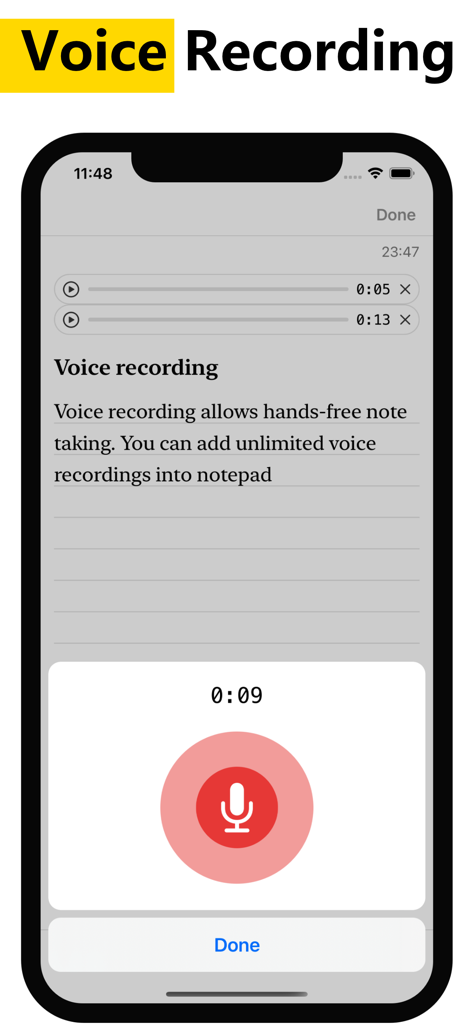 Una interfaz de smartphone que muestra la función de grabación de voz en la aplicación WeNote para tomar notas con manos libres