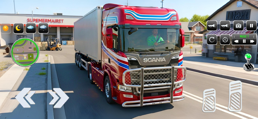 Factory Truck Simulator Games - Captura de pantalla del juego que muestra un camión semi-rojo conduciendo por una calle de la ciudad con controles de juego móvil en pantalla.