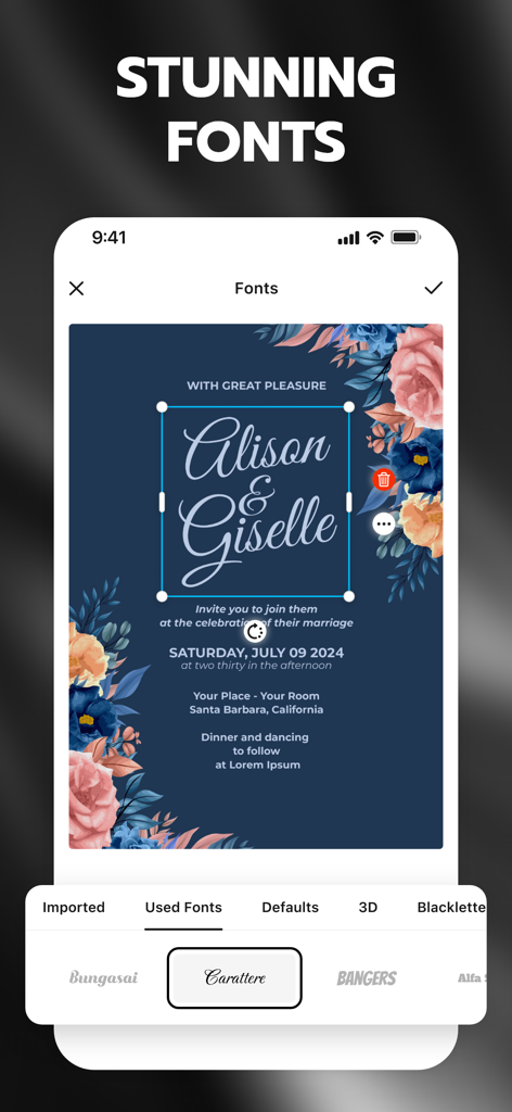 Invitation Maker + RSVP - Tela de aplicativo móvel mostrando opções de seleção de fontes para um modelo de convite de casamento floral.