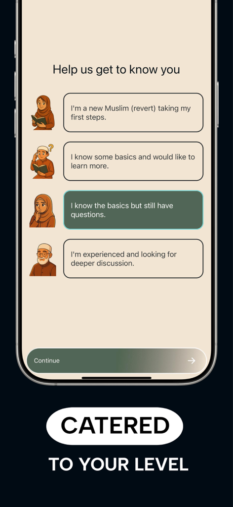 Ilm AI Quran onboarding screen showing options to select Islamic knowledge level from beginner to advanced