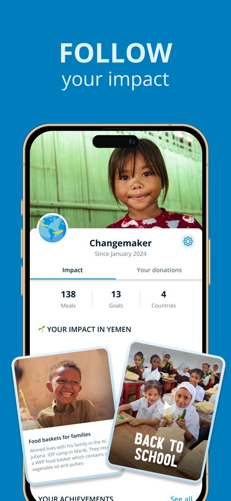 ShareTheMeal: Charity Donate - A profile screen in the ShareTheMeal app showing impact statistics like meals shared and countries helped.