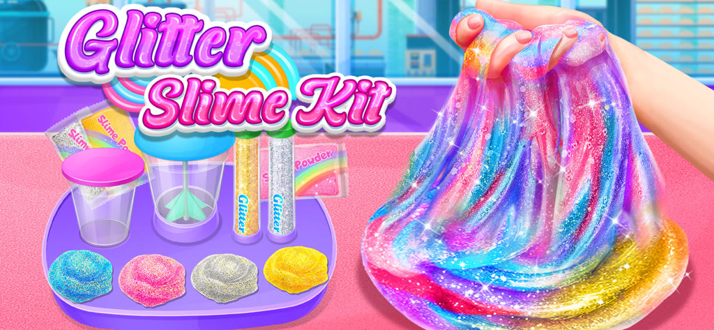 Hand stretching colorful sparkly galaxy slime next to a digital slime making factory kit