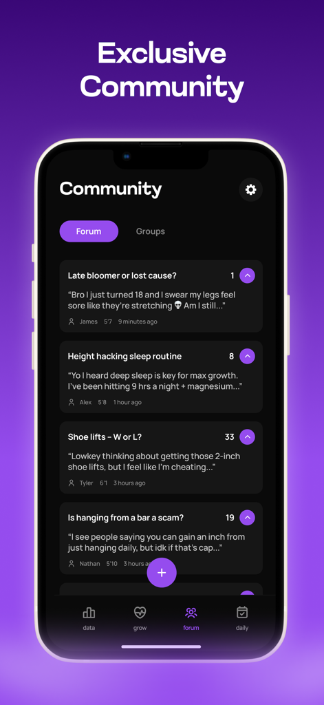 Exclusive community forum in the Taller app showing discussions on height hacking and growth tips.