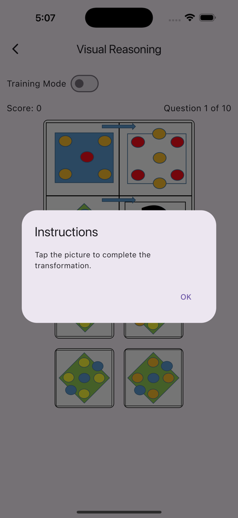 Popup di istruzioni per il ragionamento visivo per l'app di preparazione OLSAT per la 6a elementare