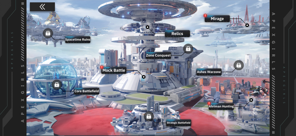 Apex Girls - Interface de carte de ville futuriste de science-fiction dans Apex Girls montrant différents modes de jeu et emplacements de mission.
