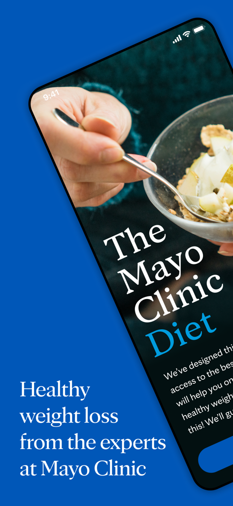 Mayo Clinic Diet - Smartphone screen showing the introductory page of The Mayo Clinic Diet app with a healthy meal and weight loss slogan