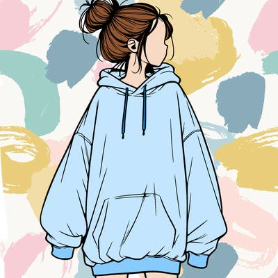 realistic girl with a oversized sweatshirt on and a bun