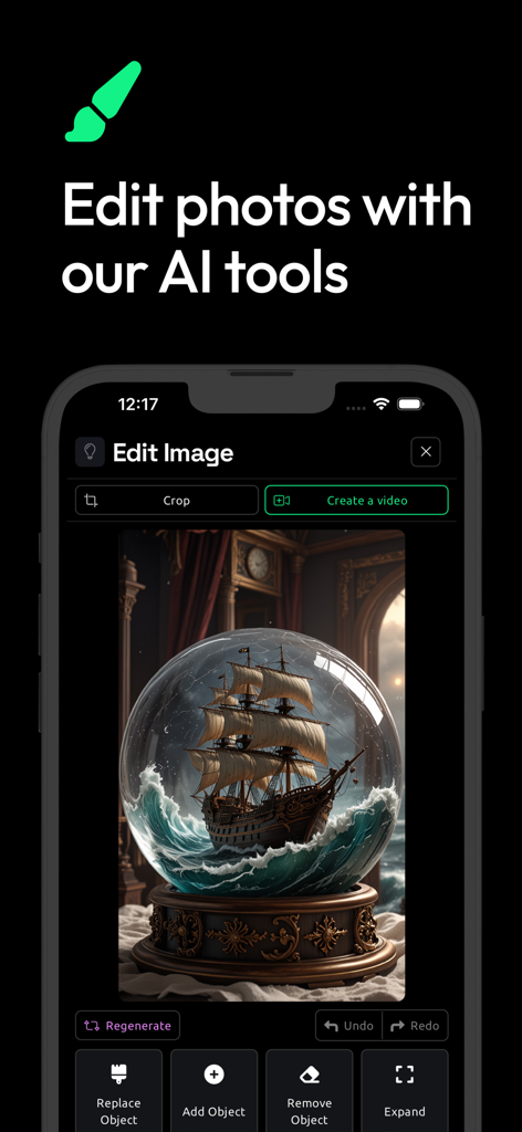 Mindscape AI - Art Generator - Mindscape AI app interface showing AI photo editing tools with an image of a ship in a crystal ball.