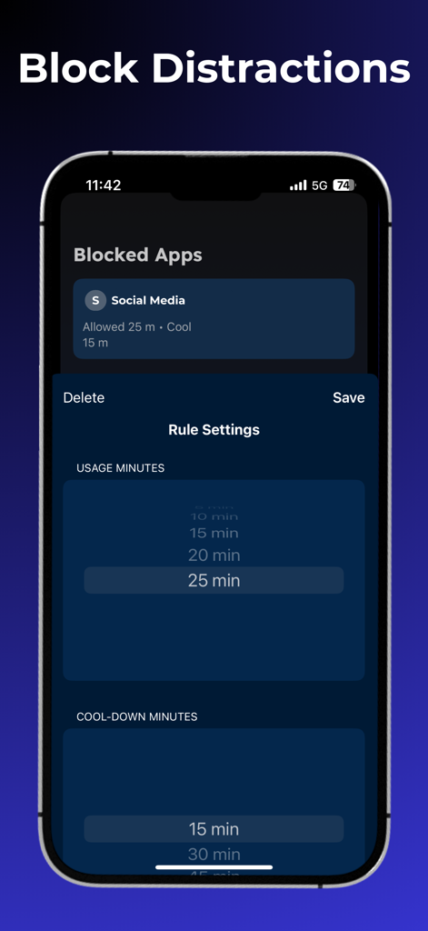 Solo X Player Leveling Workout - Interface do aplicativo Solo X Player mostrando o recurso Bloquear Distrações com configurações de tempo de uso e espera para mídias sociais.