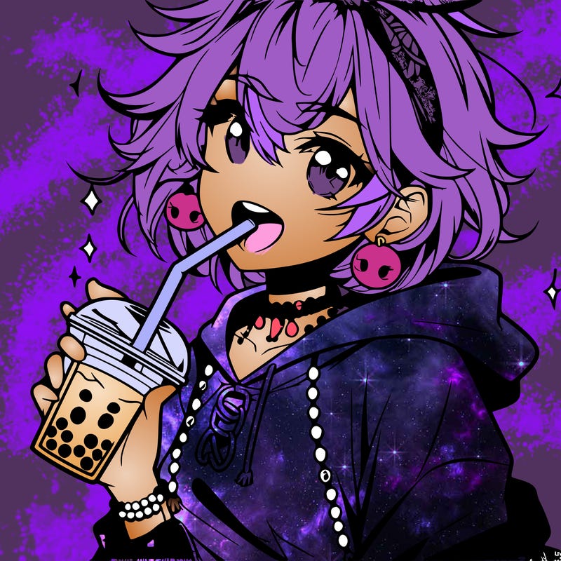 hot baddie anime girl drinking boba and biting the straw