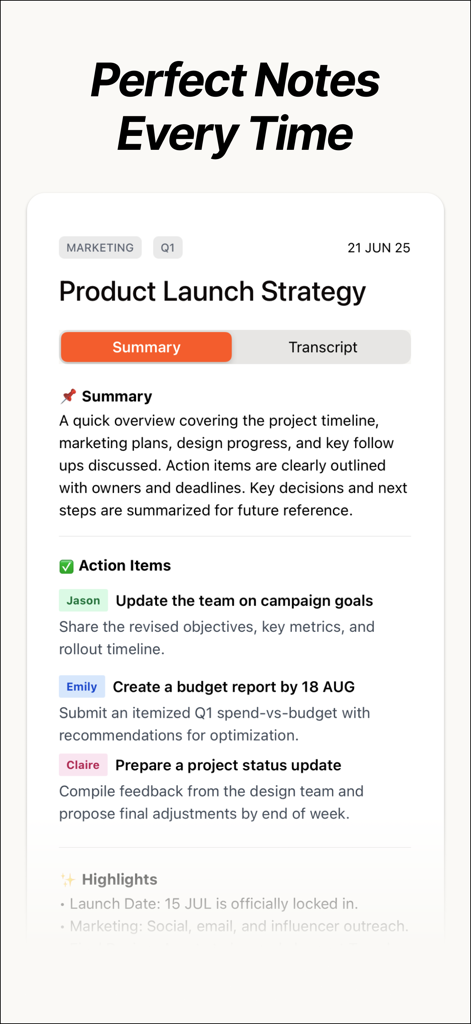 Playbacks: AI Note Taker - A screenshot of the Playbacks app interface showing an AI generated meeting summary for a product launch strategy