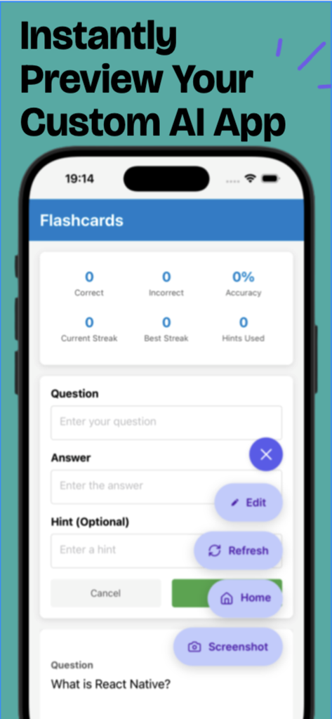 Bfloat Go App-Oberfläche mit einer sofortigen Vorschau einer benutzerdefinierten KI-Flashcard-Anwendung