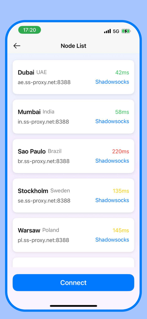 VPN - Super Shield VPN Buck - Una captura de pantalla de la aplicación VPN Super Shield que muestra una lista de nodos de servidor internacionales que incluyen Dubai Mumbai Sao Paulo y Estocolmo con sus velocidades de conexión