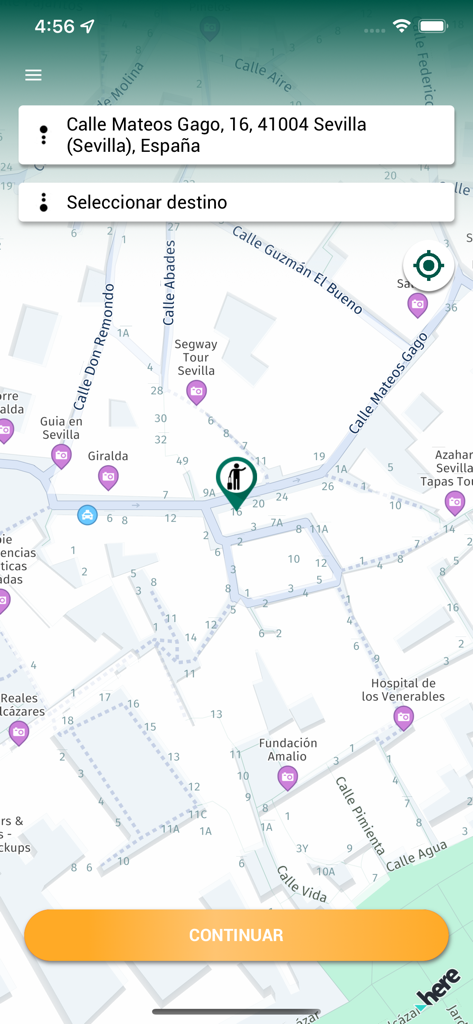 1Taxi! - 1Taxi app interface showing a map of Seville Spain for taxi pickup