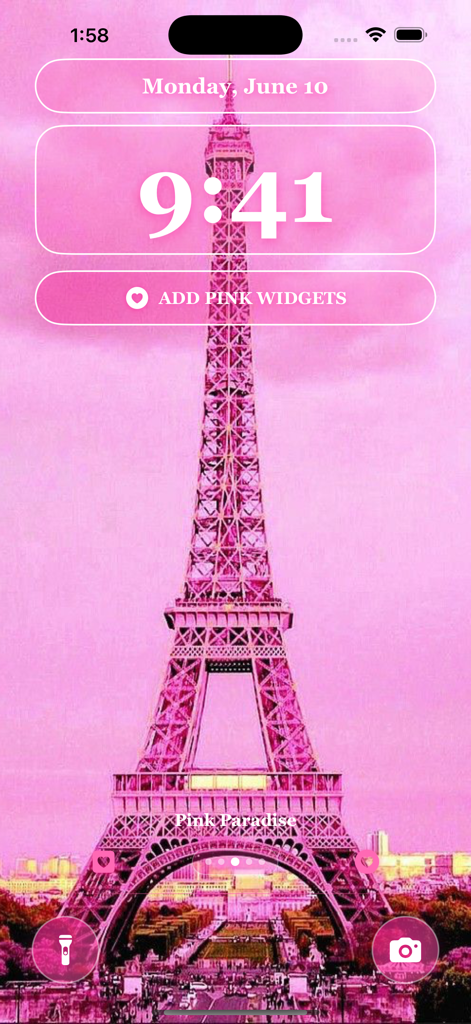 Pink aesthetic Eiffel Tower wallpaper on a girly iPhone lock screen
