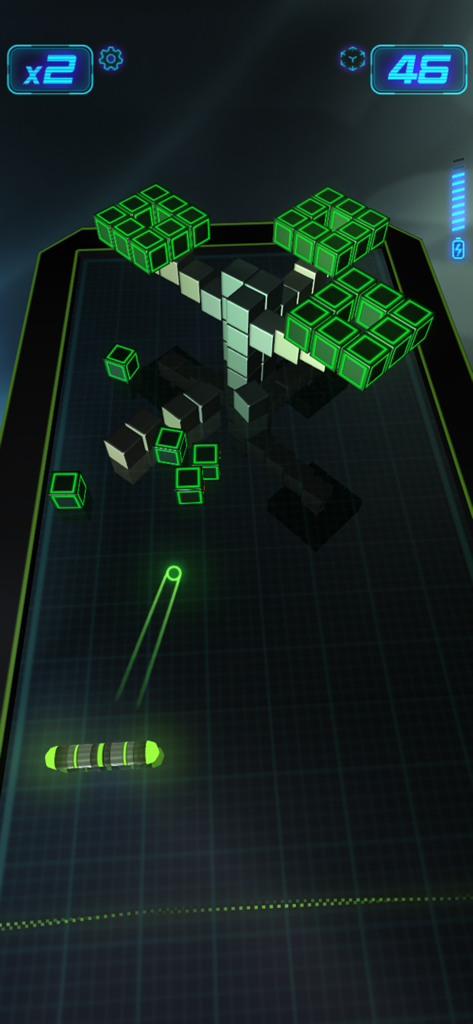 Micro Breaker - Gameplay screenshot of Micro Breaker showing 3D neon green blocks and paddle