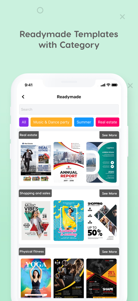 Flyer Maker Poster Design - L'application Flyer Maker montrant des modèles de conception d'affiches classés par catégorie