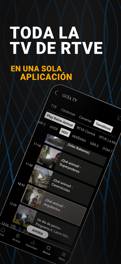 Application mobile RTVE Play montrant la section guide TV avec des documentaires sur la nature.