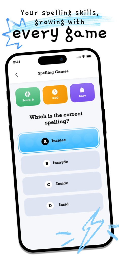 A spelling quiz screen showing a multiple choice question for the word inside with score and timer displays