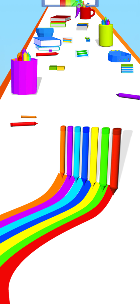 Pencil Color Run: Pen Rush 3d - A row of colored pencils creating vibrant rainbow trails on a white track in a 3D game.