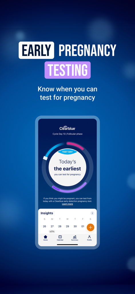 Period-Tracker - Clearblue Period-Tracker app interface showing early pregnancy testing notification and cycle insights.