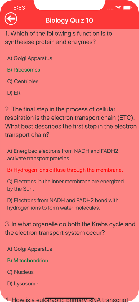 College Biology Quiz - A biology quiz interface with multiple choice questions about cell organelles and respiration