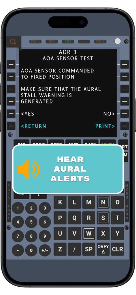 A320 CFDS Trainer - Interfaz del Entrenador CFDS A320 que muestra una prueba del sensor AOA en el MCDU con una notificación de Escuchar Alertas Sonoras