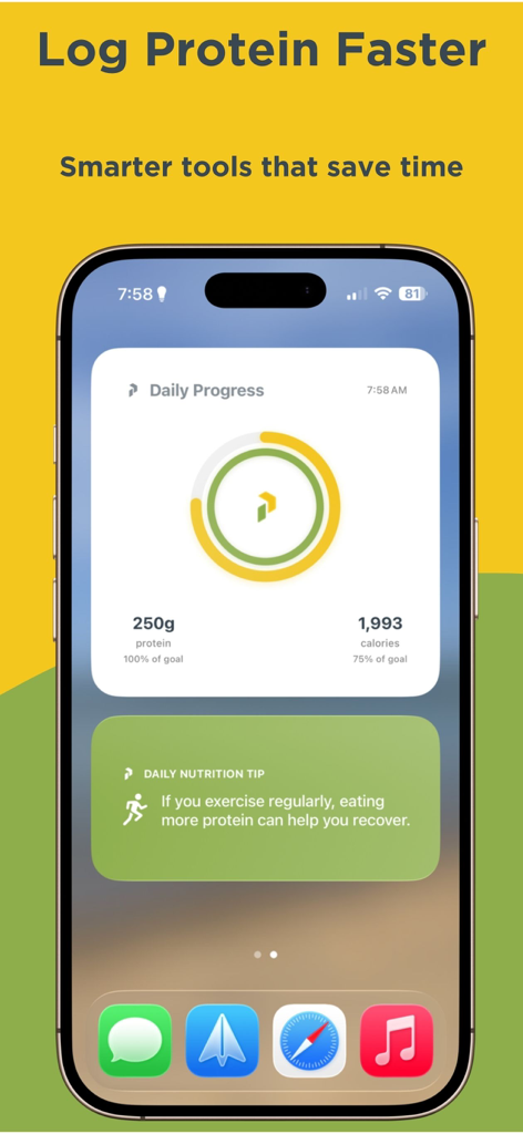 Proteinful: Protein Tracker - Widget de pantalla de inicio de la aplicación Proteinful que muestra la ingesta diaria de proteínas y el progreso de calorías.