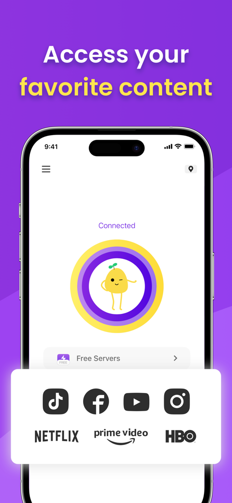 VPN - Free VPN Potato ™ - Uno smartphone che mostra l'interfaccia dell'app PotatoVPN con icone di servizi di streaming e social media.