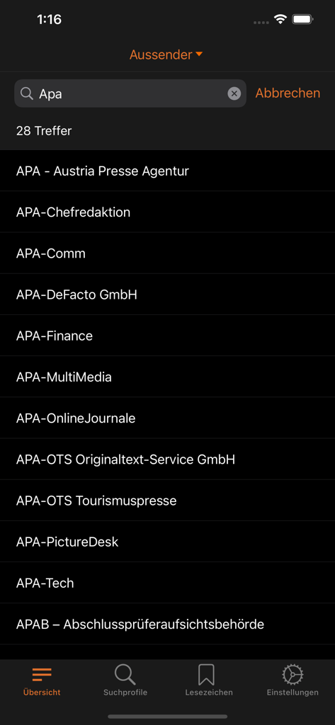 APA-OTS - APA-OTS app interface showing search results for news senders like Austria Presse Agentur
