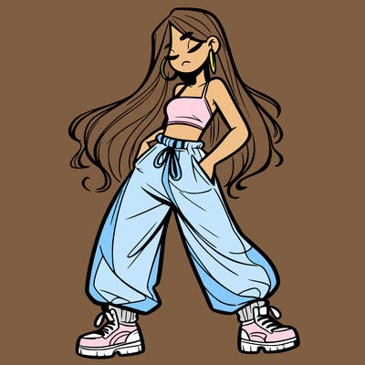 girl in baggy pants crop top and long hair