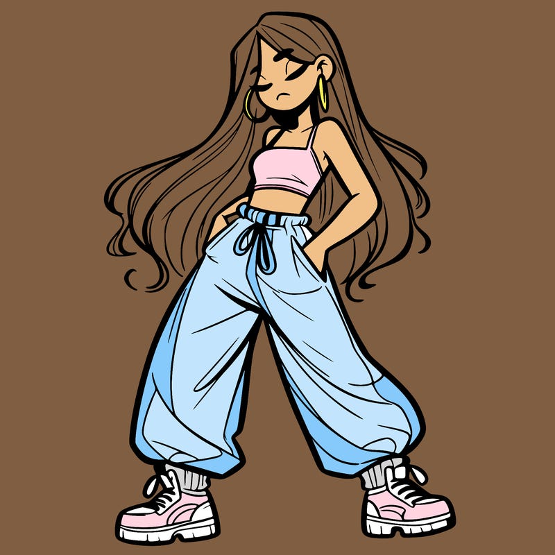 girl in baggy pants crop top and long hair