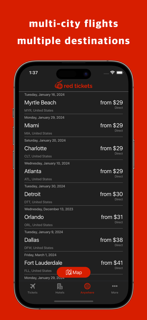 Red Tickets app displaying cheap flight deals to various US cities starting from 29 dollars