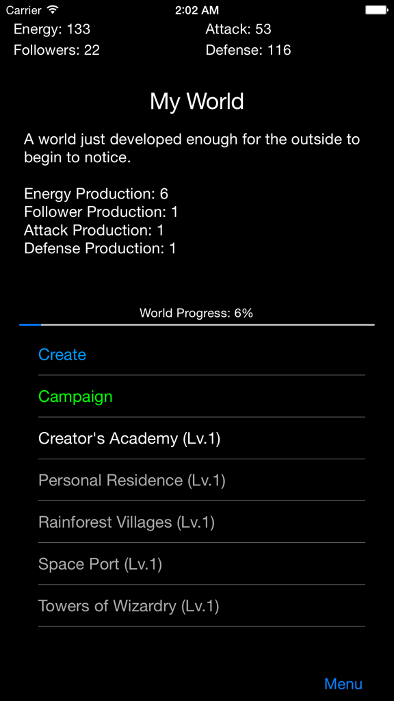 Nano Empire - Text-based gameplay interface of Nano Empire showing world progress, resource production stats, and a list of unlockable locations.